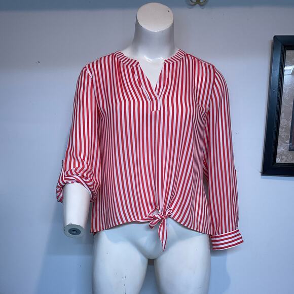 Chicos Blouse Womens Size 2 Large Tie Front Roll Tab Vee Neck Coral White Stripe - Picture 11 of 16